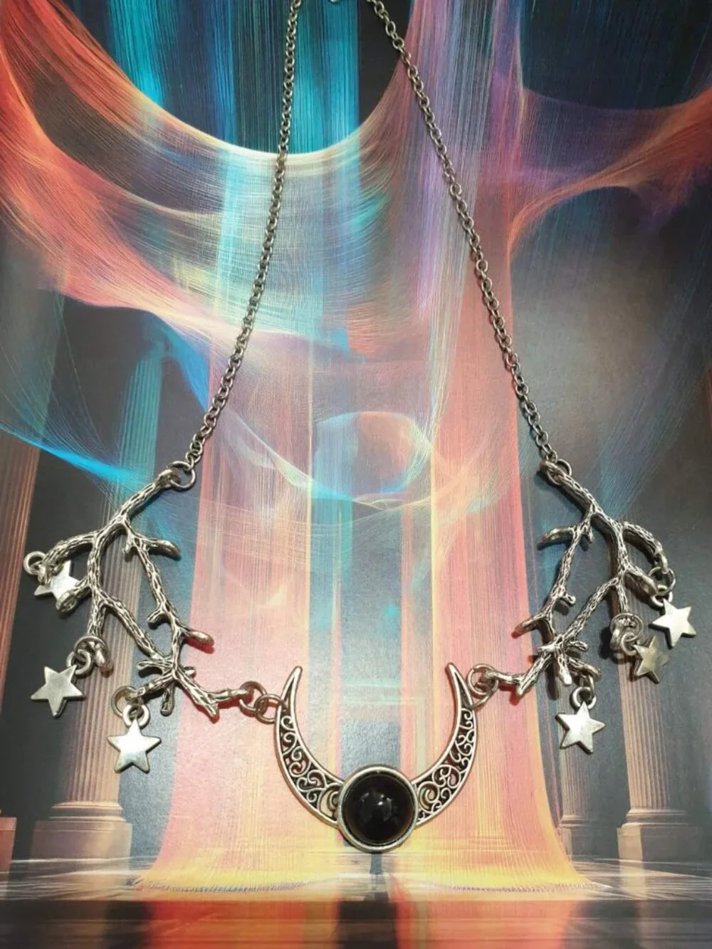 Crescent Stars Silver Metal Necklace Pendant Gothic Halloween Women Jewelry Gift